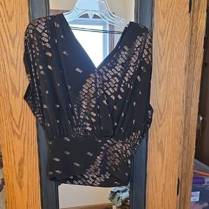 White House Black Market Black Blouse with Rose-Gold Print